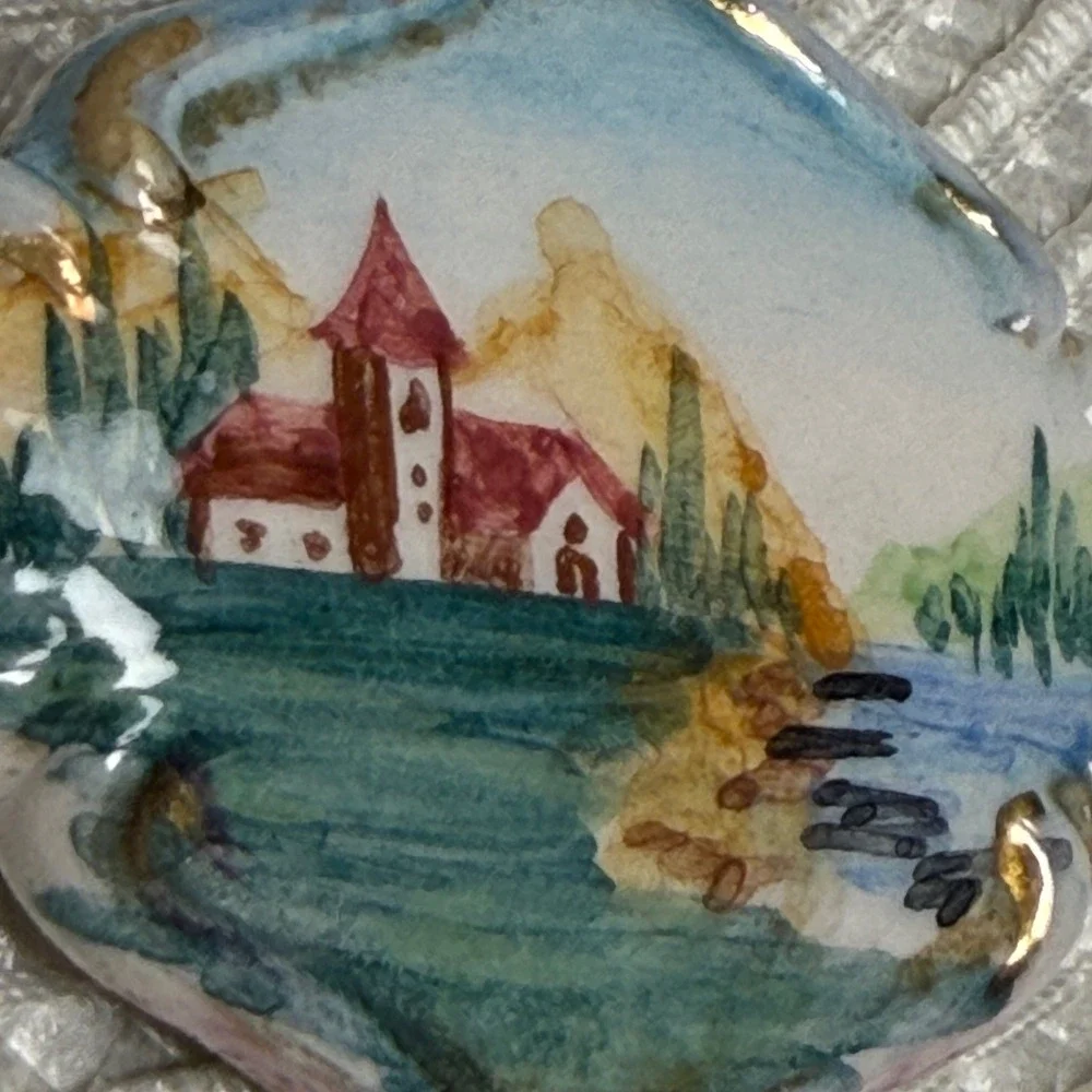 Vintage Hand Painted Ceramic Brooch Pin Landscape Church Water Gold Gilt C-Clasp